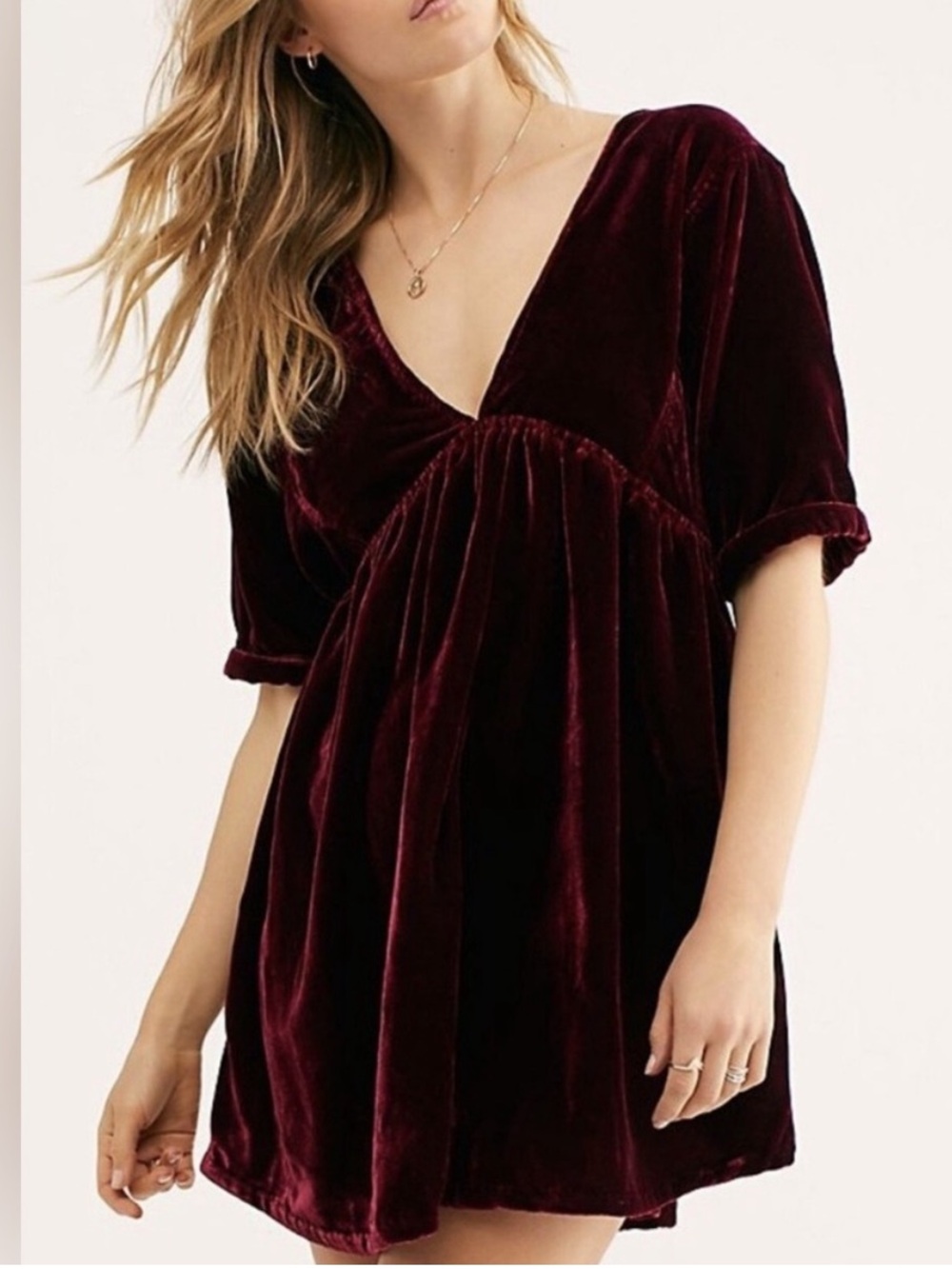 Free People Ivy Burgundy Deep Red Velvet V Neck Mini Dress Size Small
